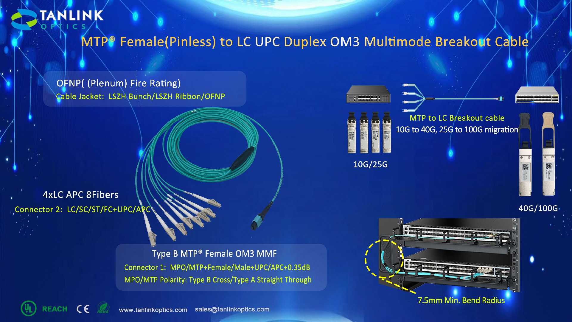 8 Cores High-End OM3 Fiber Patch Cable MTP/MPO Breakout to 4XLC